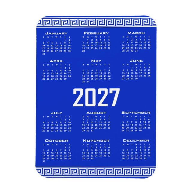Íman Calendário 2027, Fretwork Grego, Branco sobre Azul (Vertical)