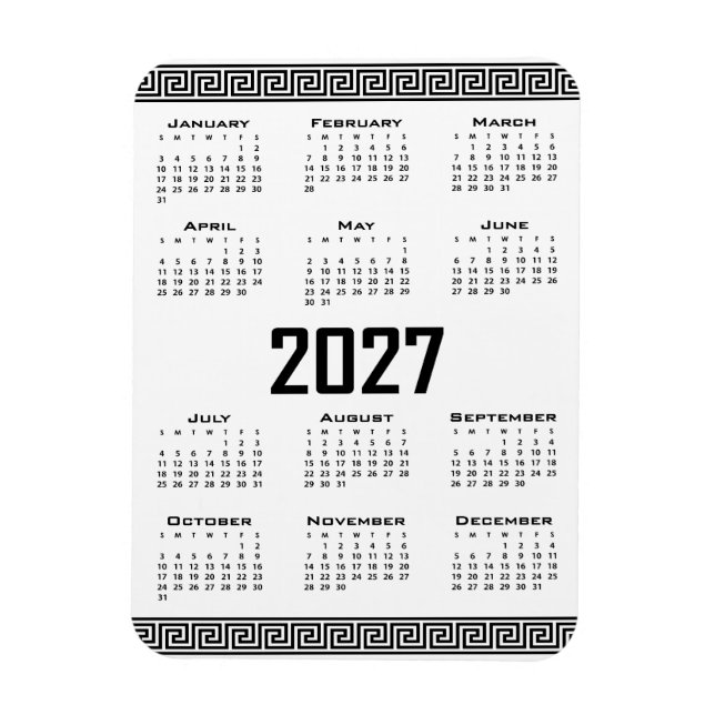 Íman Calendário 2027, Fretwork Grego, Preto no Branco (Vertical)
