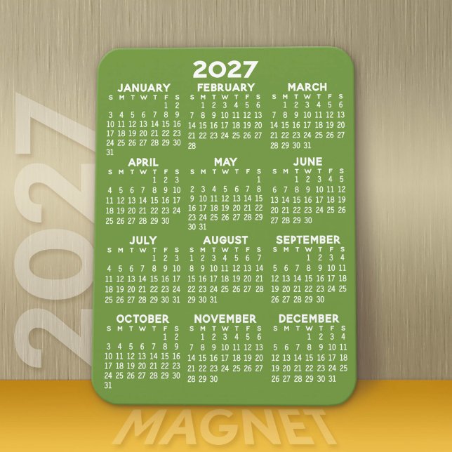 Íman Calendário 2027 - Moderno Verde Branco Mínimo Bási (Modern 2027 Calendar Magnet)