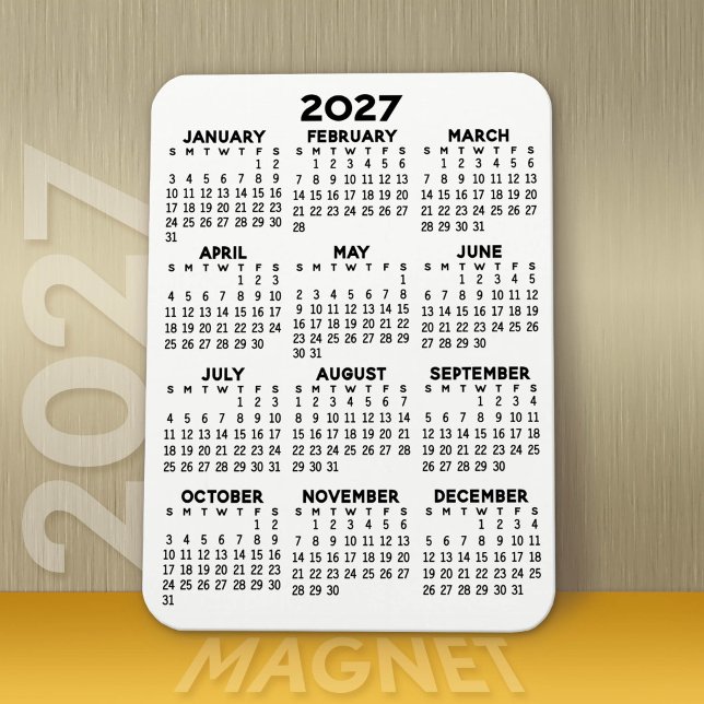 Íman Calendário 2027 - Preto e Branco Mínimo Básico (Modern 2027 Calendar Magnet)