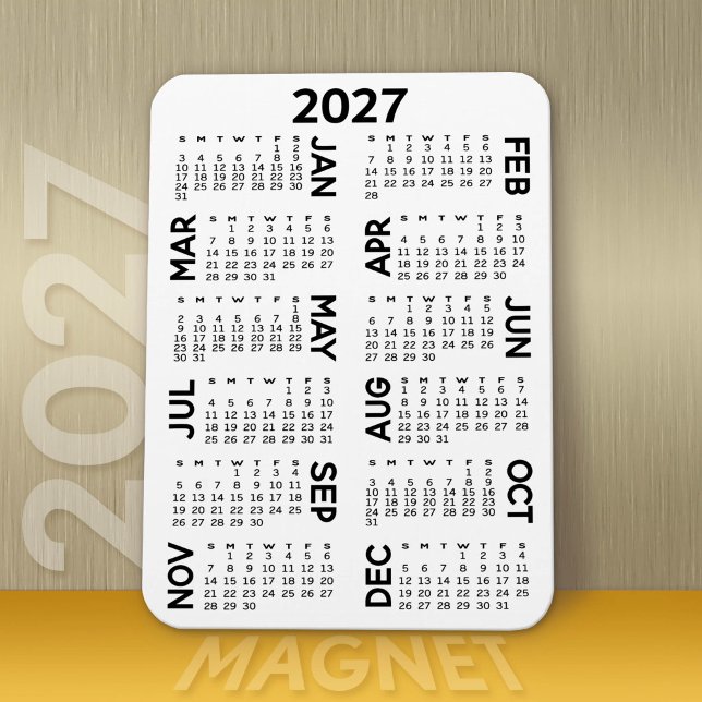 Íman Calendário 2027 - Preto e Branco Mínimo Básico (Modern 2027 Calendar Magnet)