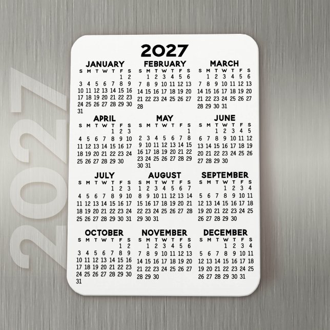 Íman Calendário 2027 - Preto e Branco Mínimo Básico (Modern Simple 2027 Calendar Magnet)