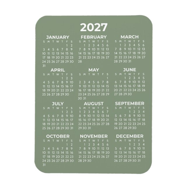 Íman Calendário Anual 2027 Básico Mini Verde Salvia (Vertical)