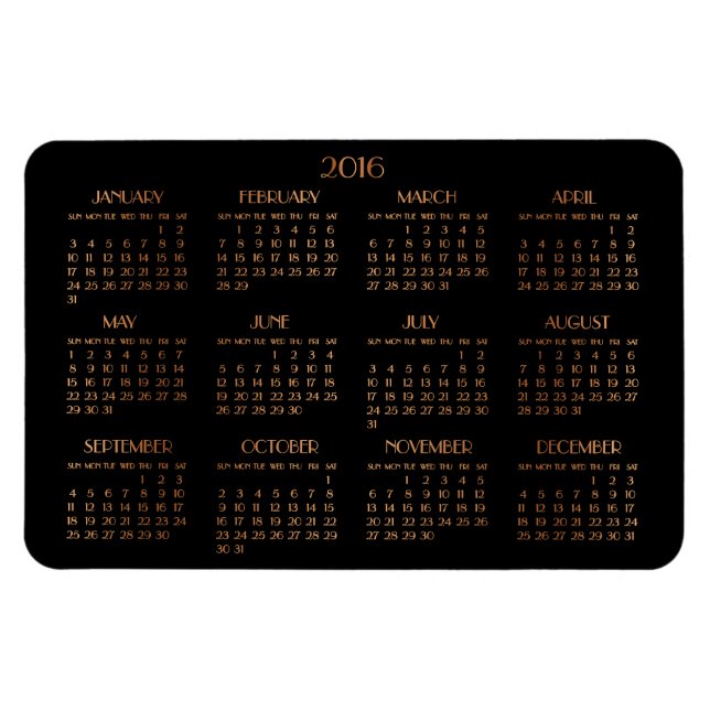 Íman Calendário Anual de 2016 de Grande Bronze Preto (Horizontal)