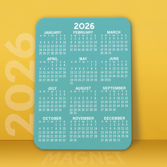 Íman Calendário - Aqua e Branco modernos e mínimos (2026 Calendar Magnet)