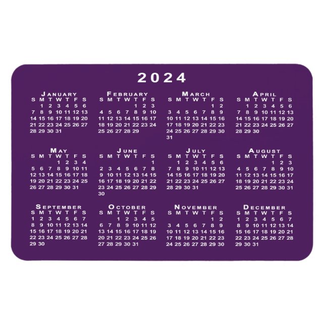 Íman Calendário branco 2024 no Modelo de fundo roxo (Horizontal)