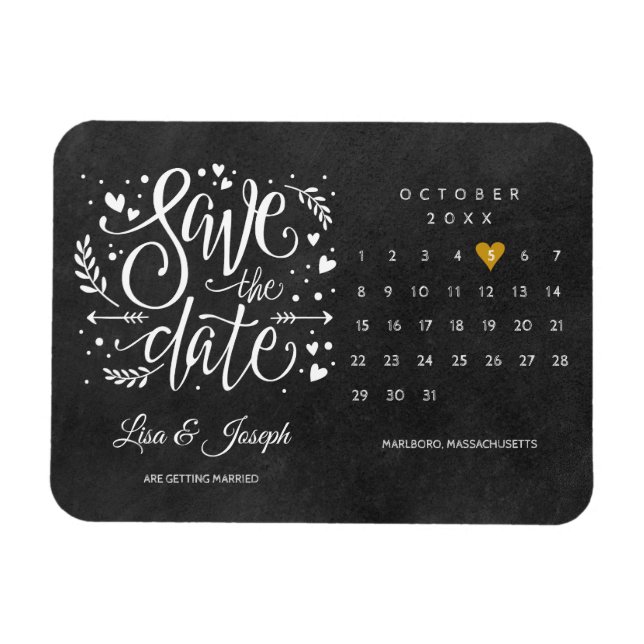 Íman Calendário Coração Dourado Lousa Save the Date (Horizontal)