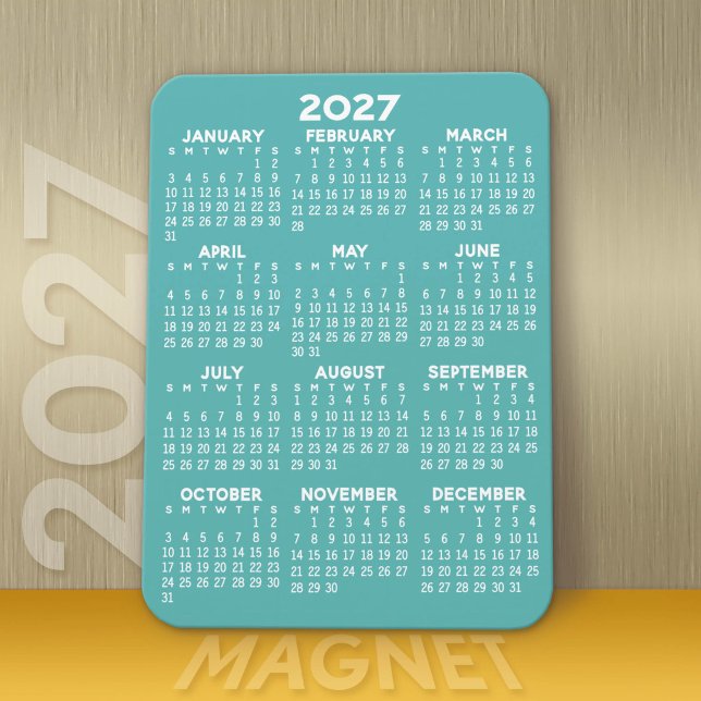 Íman Calendário de 2027 - Moderno, Mínimo Aqua e Branco (Modern 2027 Calendar Magnet)