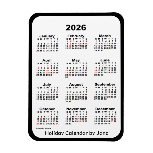 Íman Calendário de feriado preto 2026 por Janz Magnet (Vertical)