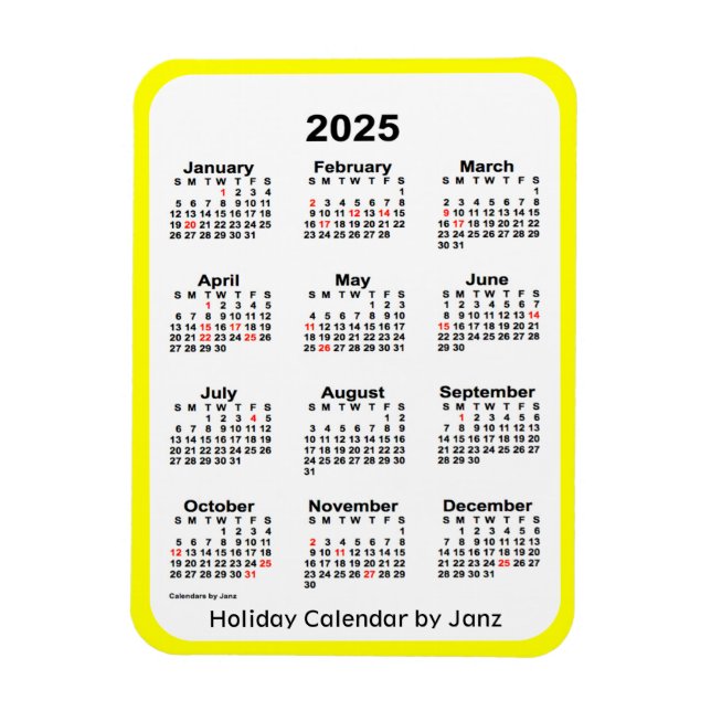 Íman Calendário de Férias Amarelas 2025 por Janz Magnet (Vertical)