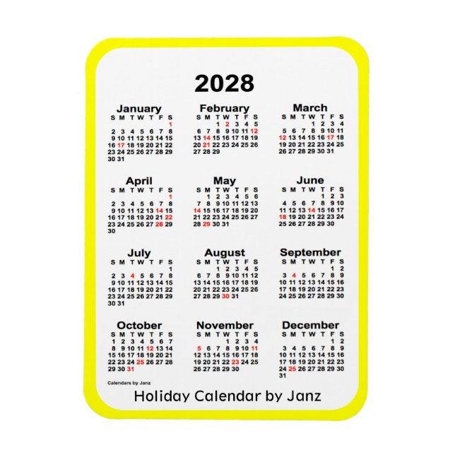 Íman Calendário de Férias Amarelas 2028 por Janz Magnet (Vertical)