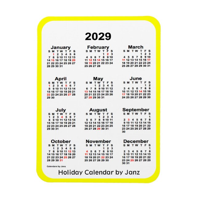 Íman Calendário de Férias Amarelas 2029 por Janz Magnet (Vertical)