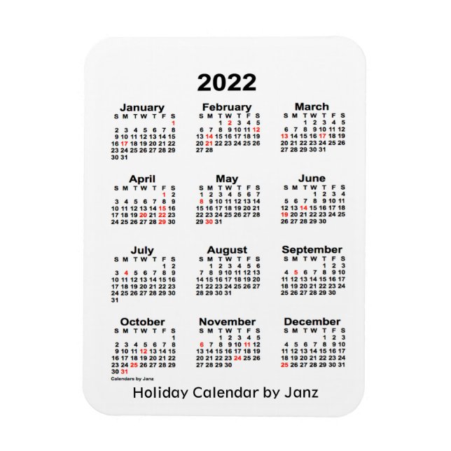 Íman Calendário de férias brancas de 2022 pela Janz Mag (Vertical)