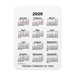 Íman Calendário de férias brancas de 2029 pela Janz Mag