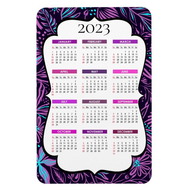 Íman Calendário de Folhas Tropicais Roxo e Azul 2023 (Vertical)