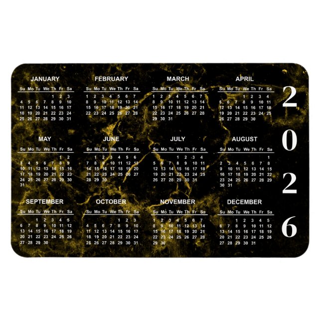 Íman Calendário de mármore preto e Dourado 2026 (Horizontal)