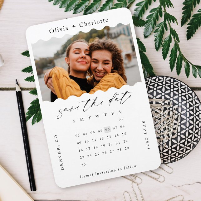 Íman Calendário de Na moda de Foto Retroativa Mínima Mo (Modern Minimal Retro Wavy Photo Stylish Calendar Magnet)