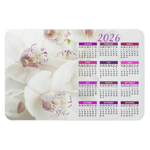 Íman Calendário de Orquídeas Brancas e Roxas Elegantes 