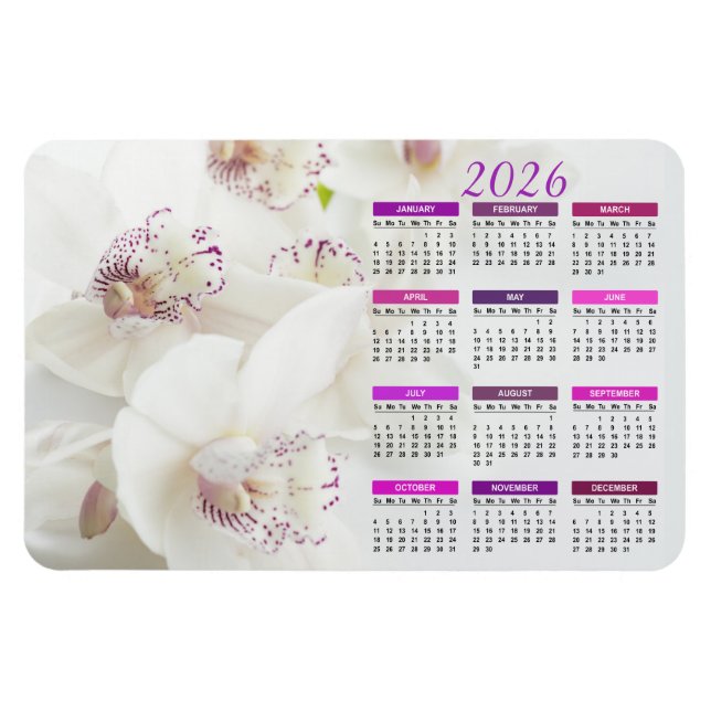 Íman Calendário de Orquídeas Brancas e Roxas Elegantes  (Horizontal)