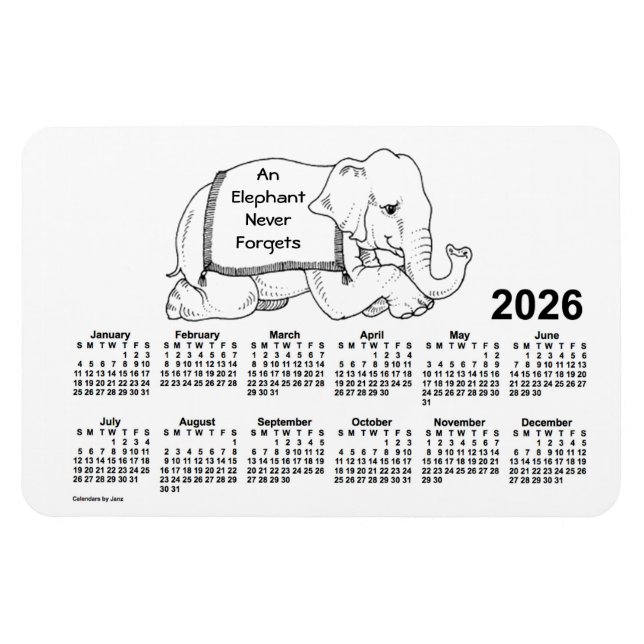 Íman Calendário do Elefante Branco 2026 por Janz 4x6 Ma (Horizontal)