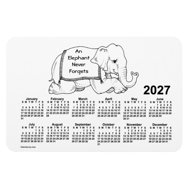 Íman Calendário do Elefante Branco 2027 por Janz 4x6 Ma (Horizontal)
