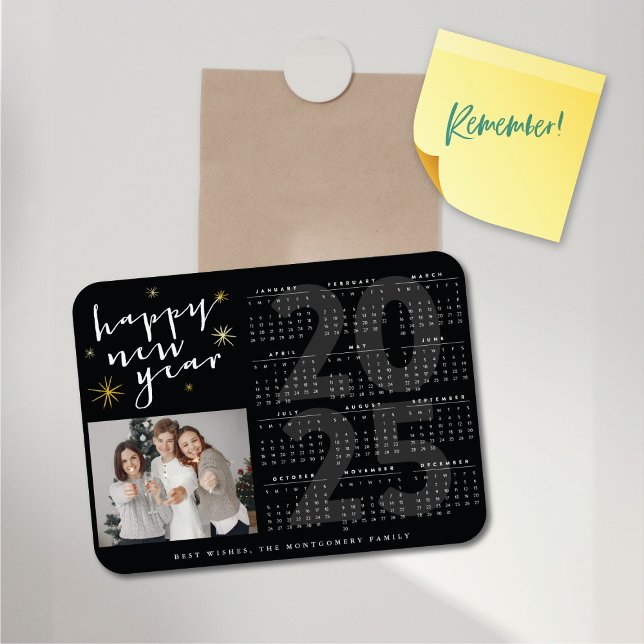 Íman Calendário do Feliz ano novo Modern Dourado Starbu (Happy New Year Modern Gold Starburst 2025 Calendar Flexible Magnet @ fat_fa_tin)