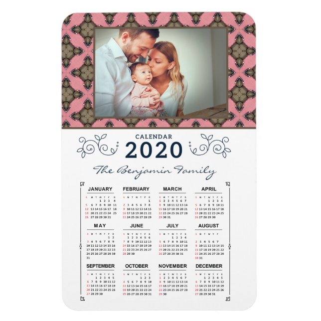 Íman Calendário do Padrão Rosa Personalizar Foto 2020 (Vertical)