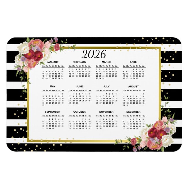 Íman Calendário Dourado Floral com Striped White Preta  (Horizontal)