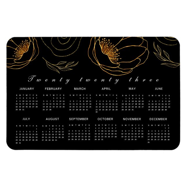 Íman Calendário Elegante Preto e Mínimo Ouro 2023 (Horizontal)