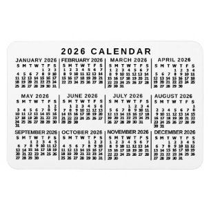 Íman Calendário Mensal Anual 2026 Branco e Preto Clássi