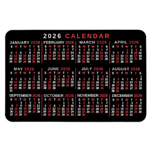 Íman Calendário Mensal Anual 2026 Preto Vermelho Branco