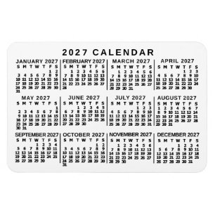 Íman Calendário Mensal Anual 2027 Clássico Branco e Pre
