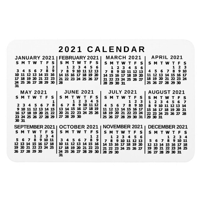 Íman Calendário Mensal Branco e Preto 2021 Ano (Horizontal)