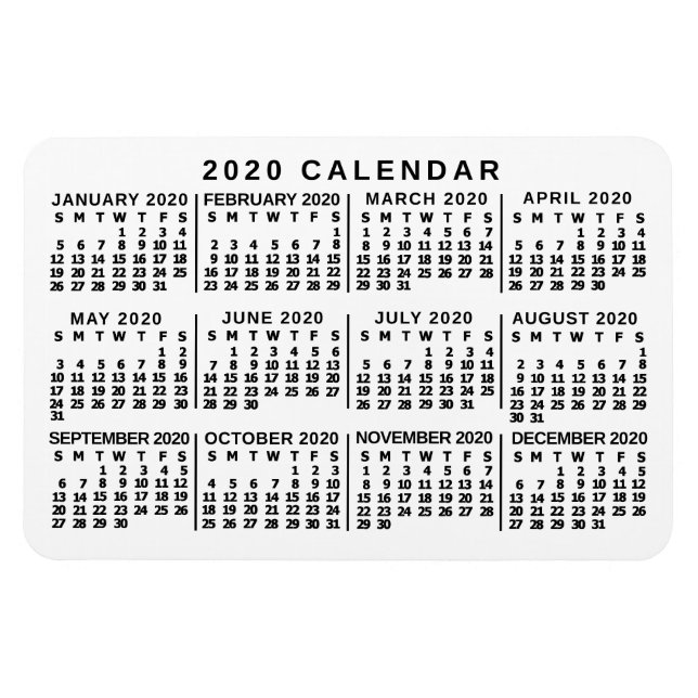 Íman Calendário mensal clássico branco e preto 2020 ano (Horizontal)