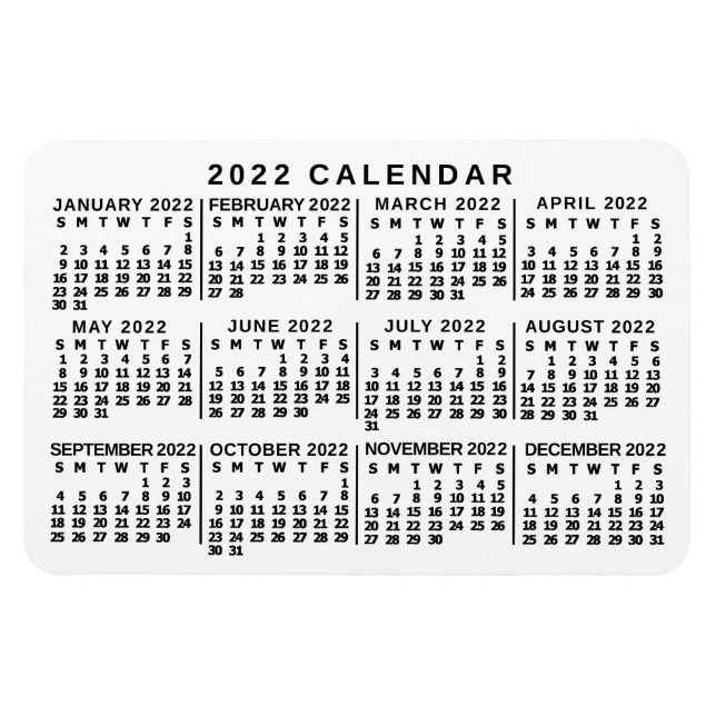 Íman Calendário mensal clássico branco e preto 2022 ano (Horizontal)