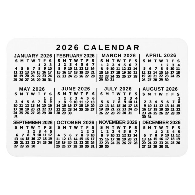 Íman Calendário Mensal Clássico de 2026 em Branco e Pre (Horizontal)