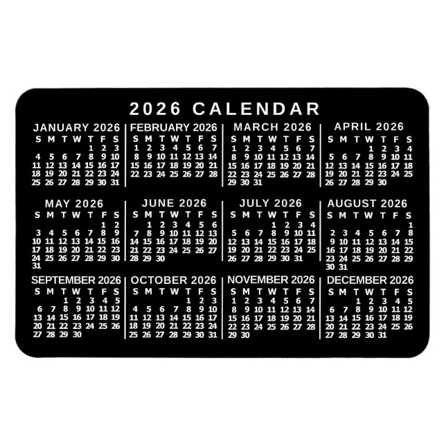 Íman Calendário Mensal Clássico Preto e Branco Ano 2026 (Horizontal)