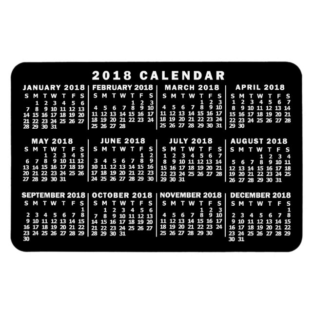 Íman Calendário Mensal de 2018 Preto e Branco Clássico (Horizontal)