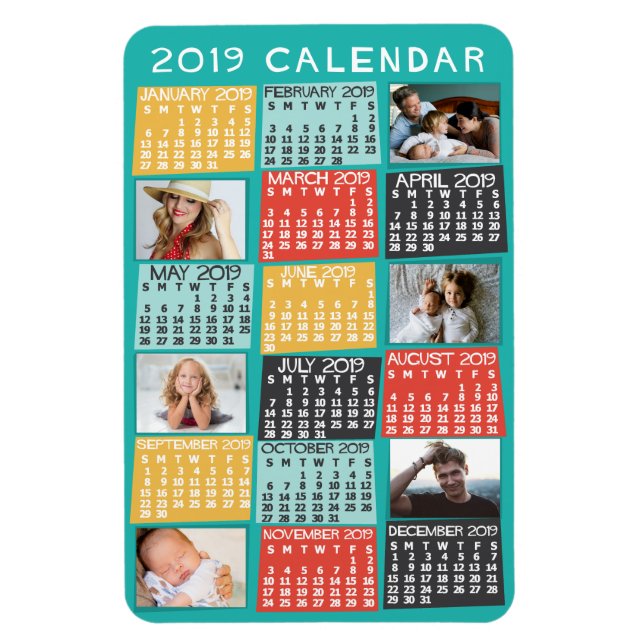 Íman Calendário Mensal de 2019 Colagem Moderna de Fotos (Vertical)