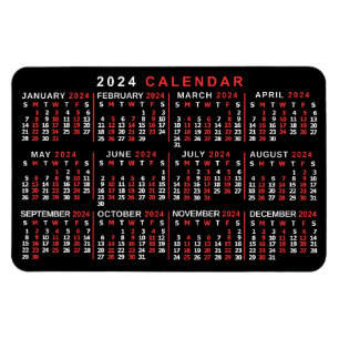 Íman Calendário Mensal de 2024 Ano - Preto Branco