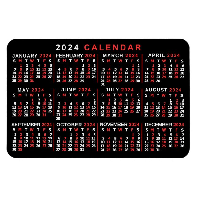 Íman Calendário Mensal de 2024 Ano - Preto Branco (Horizontal)