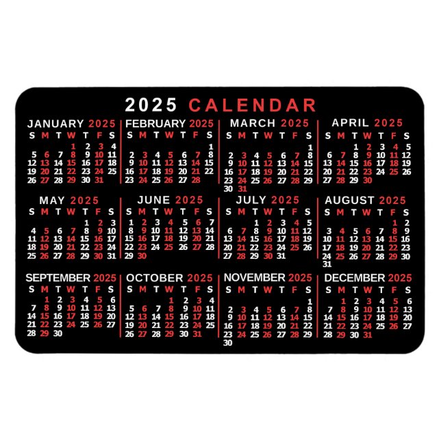 Íman Calendário Mensal de 2025 Ano - Branco preto cláss (Horizontal)