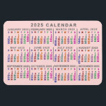 Íman Calendário Mensal de 2025 Anos Cor-de-Rosa Esmagad<br><div class="desc">Este ímã flexível do calendário mensal de 2025 anos mostra os dias da semana para cada mês em cores brilhantes. Cada coluna diária é de cor diferente, fazer mais fácil de ler. Atrás do arco-íris de cores, o ímã é um rosa-claro-esbranquiçado - mas você pode personalizar o fundo para qualquer...</div>
