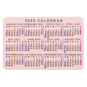 Íman Calendário Mensal de 2025 Anos Cor-de-Rosa Esmagad
