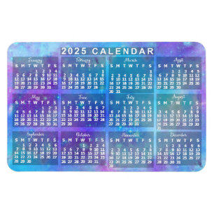 Íman Calendário Mensal de 2025 Estrelas Blue Watercolor
