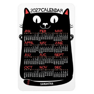 Íman Calendário Mensal do Ano 2025 Gato Preto Meados do
