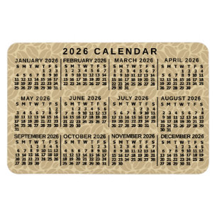 Íman Calendário Mensal do Ano 2026 Café Bege Claro