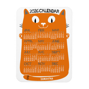 Íman Calendário Mensal do Ano 2026 Gato Laranja Meados