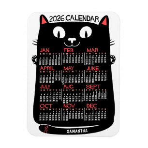 Íman Calendário Mensal do Ano 2026 Gato Preto de Meados