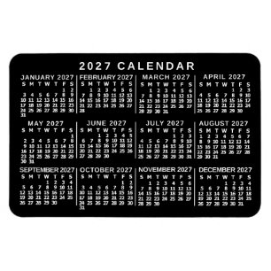 Íman Calendário Mensal do Ano 2027 Clássico Preto e Bra